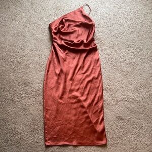 Satin One-Shoulder Rust Slip Midi Dress